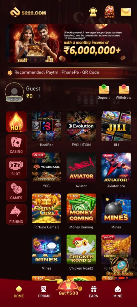 5222 Game home page with casino games, slots, Aviator and JILI games