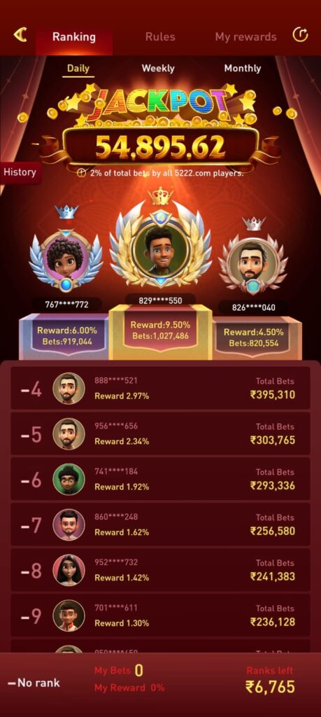 5222 Game jackpot leaderboard and daily ranking rewards
