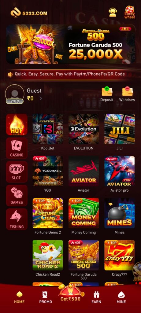 5222 game homepage showing casino slot games Aviator and Fortune Garuda 500