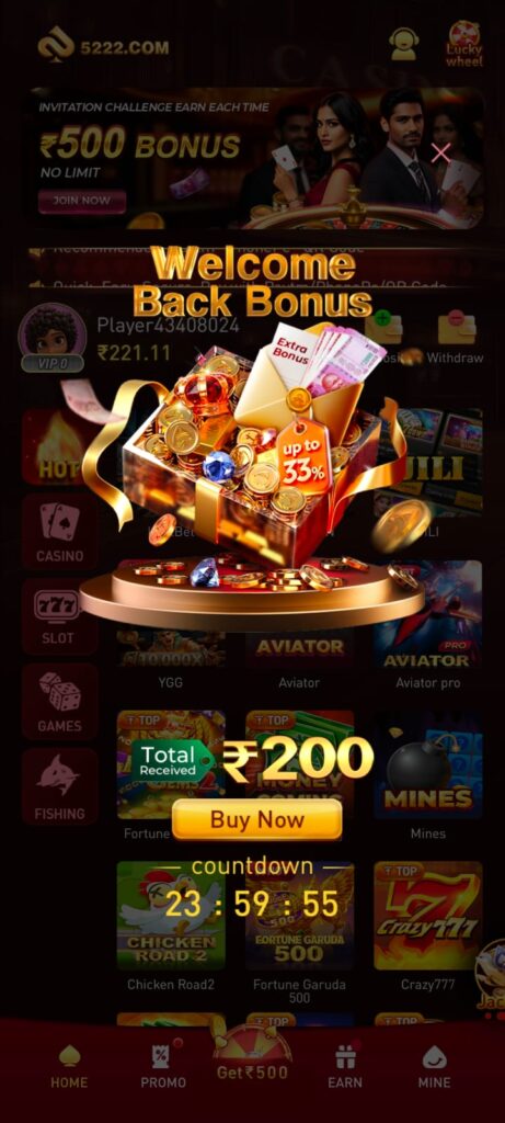 5222 game welcome back bonus promotion with up to 33 percent extra bonus