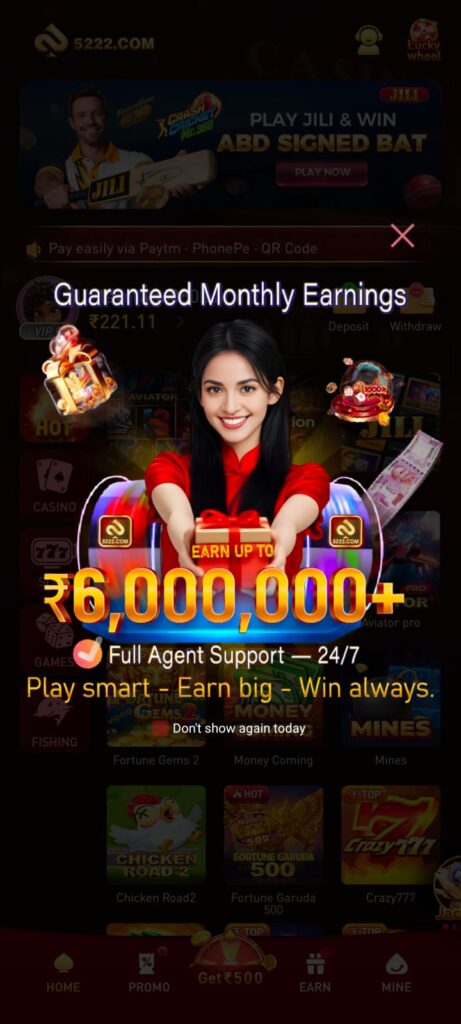 5222 game monthly earnings promotional banner with ₹6,00,000+ earning claim